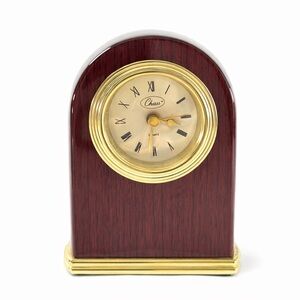 Chass Quartz Desk Clock Faux Wood Arch Mantel Style Roman Numerals Works